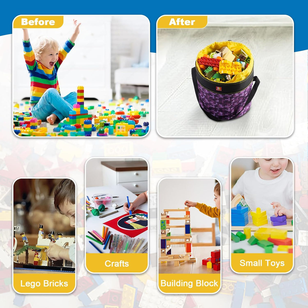 Toy Storage Organizer Basket Bag with Drawstring for Buliding Bricks, Blockets,Puzzles,Playroom Cinch Bucket Carrying Bag with Handle (Blue)