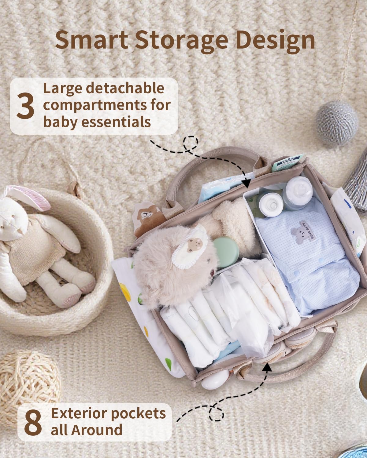 Baby Diaper Caddy Organizer with Handle, Large Portable Nursery Storage Basket for Newborn Essentials, Changing Table and Car Organizer, Gift for Baby Shower