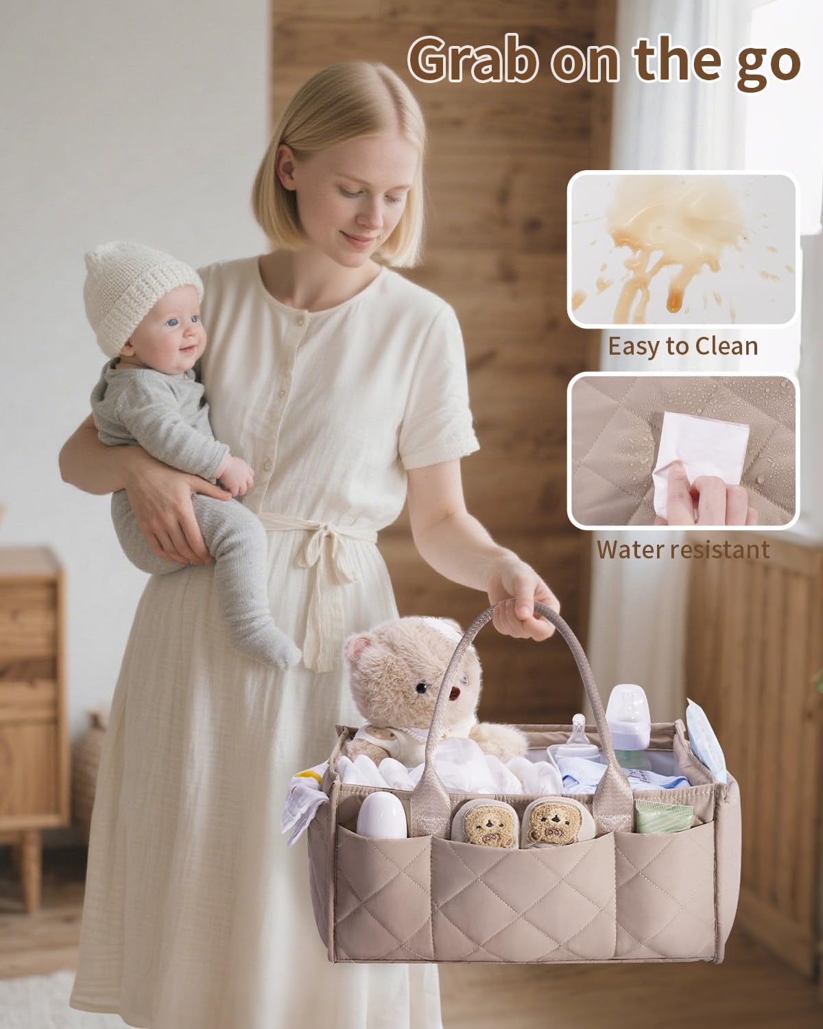Baby Diaper Caddy Organizer with Handle, Large Portable Nursery Storage Basket for Newborn Essentials, Changing Table and Car Organizer, Gift for Baby Shower