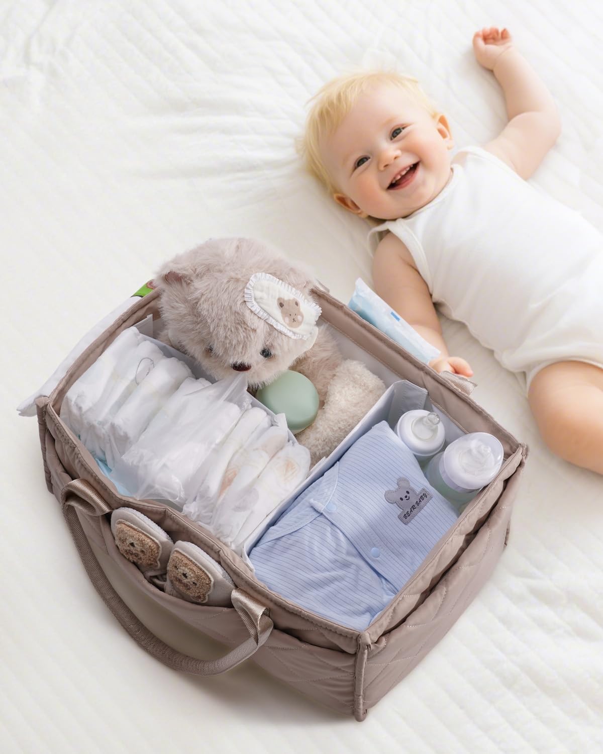 Baby Diaper Caddy Organizer with Handle, Large Portable Nursery Storage Basket for Newborn Essentials, Changing Table and Car Organizer, Gift for Baby Shower
