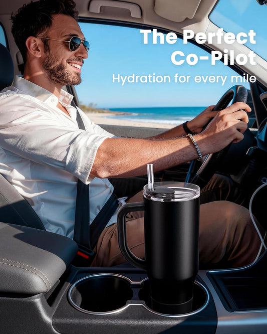 Renoj Insulated Mug 100% Leak Proof Insulated Water Bottle for Iced Coffee & Hot Drinks - Fits Car Cup Holder, Ideal Gift, 2 Straws & Silicone Boot - SnapShift Black 40 oz
