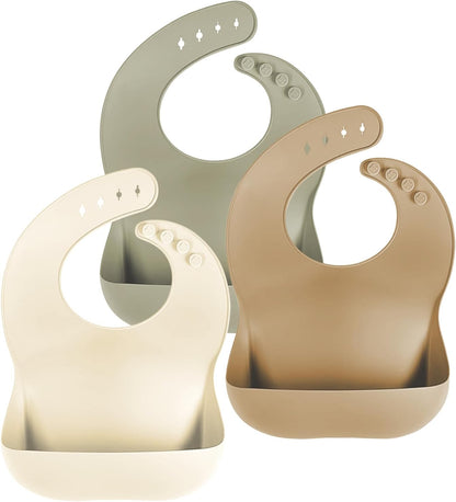 Set of 3 Silicone Bibs, Soft Adjustable Bibs for Boys & Girls