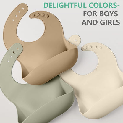 Set of 3 Silicone Bibs, Soft Adjustable Bibs for Boys & Girls