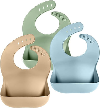 Set of 3 Silicone Bibs, Soft Adjustable Bibs for Boys & Girls