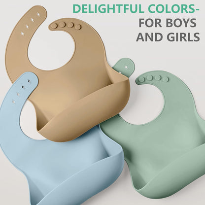 Set of 3 Silicone Bibs, Soft Adjustable Bibs for Boys & Girls
