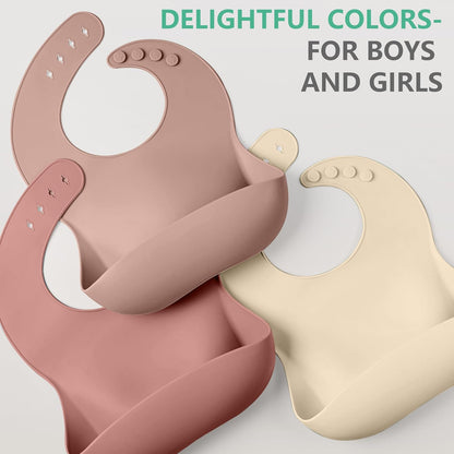Set of 3 Silicone Bibs, Soft Adjustable Bibs for Boys & Girls