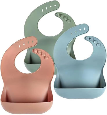 Set of 3 Silicone Bibs, Soft Adjustable Bibs for Boys & Girls