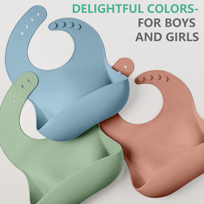 Set of 3 Silicone Bibs, Soft Adjustable Bibs for Boys & Girls