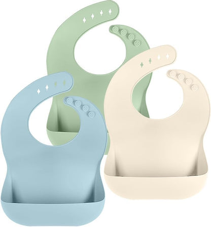 Set of 3 Silicone Bibs, Soft Adjustable Bibs for Boys & Girls