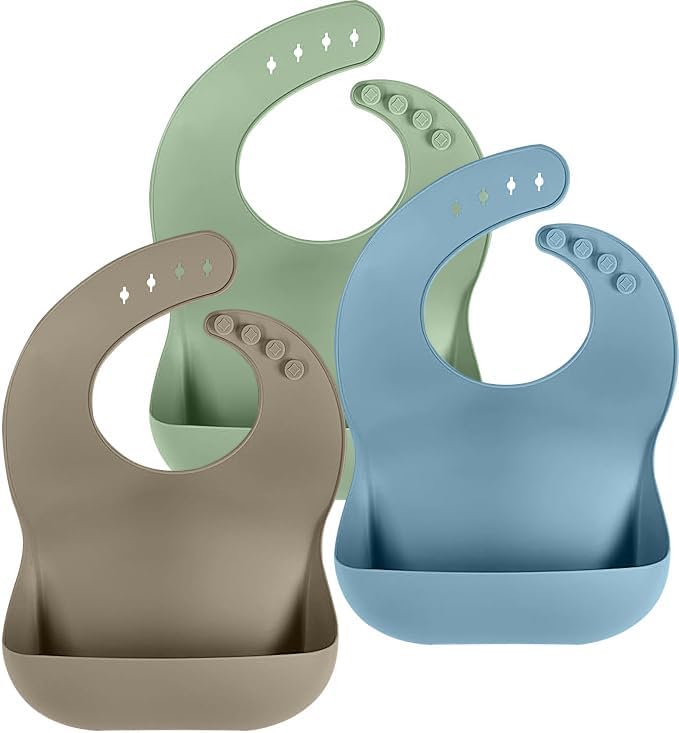 Set of 3 Silicone Bibs, Soft Adjustable Bibs for Boys & Girls