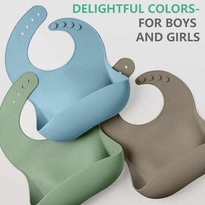 Set of 3 Silicone Bibs, Soft Adjustable Bibs for Boys & Girls