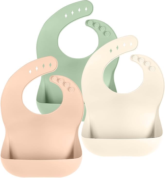 Set of 3 Silicone Bibs, Soft Adjustable Bibs for Boys & Girls