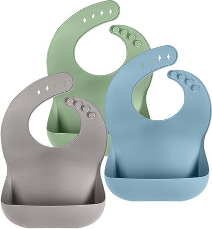 Set of 3 Silicone Bibs, Soft Adjustable Bibs for Boys & Girls