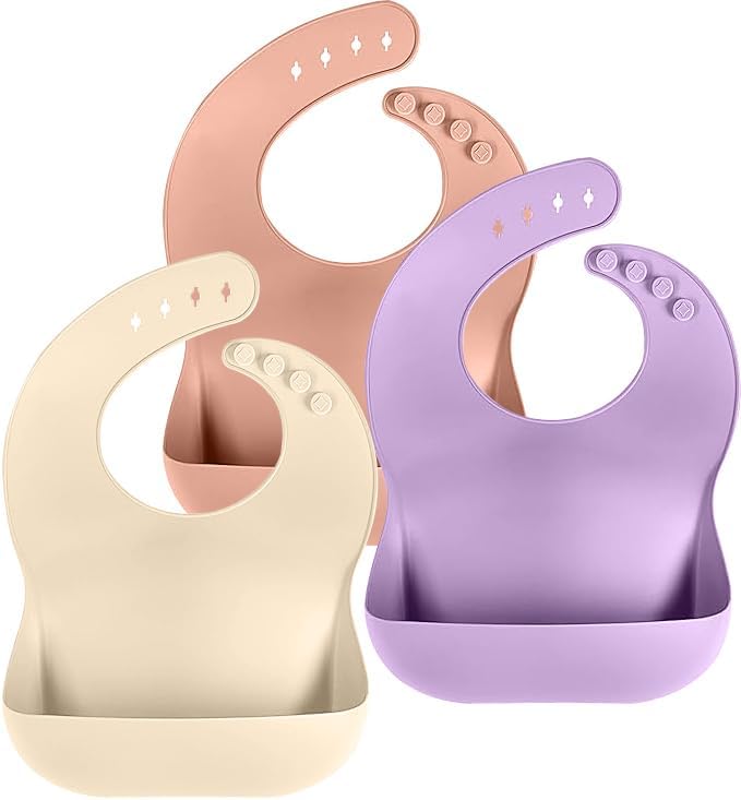 Set of 3 Silicone Bibs, Soft Adjustable Bibs for Boys & Girls