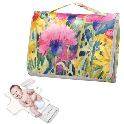 Wildflowers Portable Diaper Changing Pad, Waterproof Baby Changing Mat with Storage Pocket & Built-in Pillow, Foldable Travel Pad, Newborn Gift Set for Boy Girl