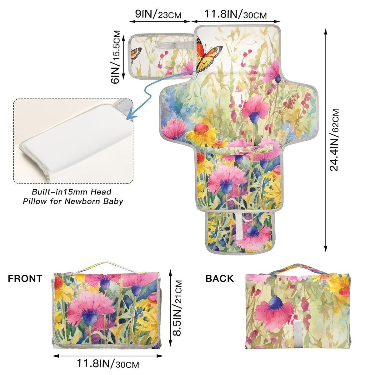 Wildflowers Portable Diaper Changing Pad, Waterproof Baby Changing Mat with Storage Pocket & Built-in Pillow, Foldable Travel Pad, Newborn Gift Set for Boy Girl