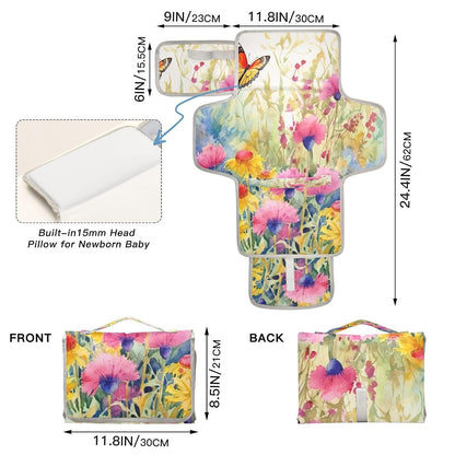 Wildflowers Portable Diaper Changing Pad, Waterproof Baby Changing Mat with Storage Pocket & Built-in Pillow, Foldable Travel Pad, Newborn Gift Set for Boy Girl