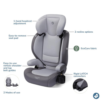 RodiSport Kids Booster Car Seat, High-Back, Backless Booster Seat, 10-Position Headrest, Easy Latch System, Reclining Chair, Belt Guide, Fits 40-100 lbs, 43.4-57 in, Sea Salt