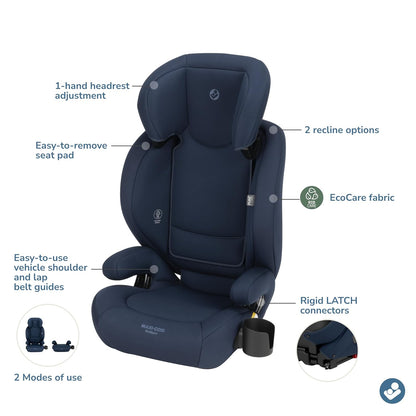 RodiSport Kids Booster Car Seat, High-Back, Backless Booster Seat, 10-Position Headrest, Easy Latch System, Reclining Chair, Belt Guide, Fits 40-100 lbs, 43.4-57 in, Sea Salt