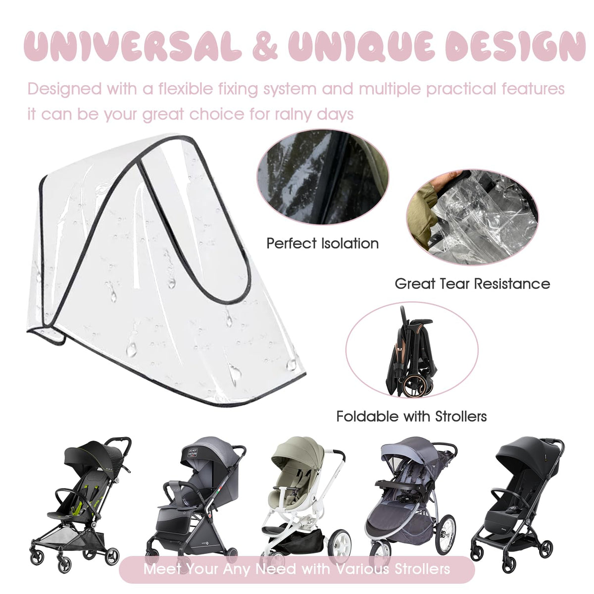 EVA Stroller Rain Cover - No-Zip Waterproof, Clear, for Most Single