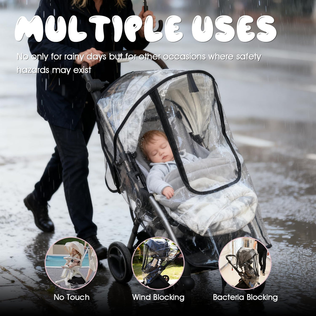 EVA Stroller Rain Cover - No-Zip Waterproof, Clear, for Most Single