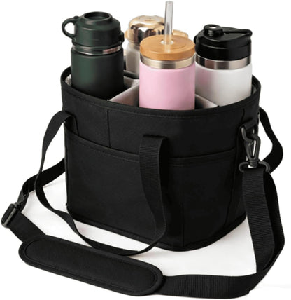 Family Size 4 Compartment Drink Carrier Bag for Cups & Bottles, No-Spill Beverage Holder with Removable Dividers & Shoulder Strap, Portable Water Bottle Tote for Travel, Work, Outdoor (Black)