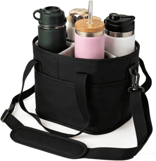 Family Size 4 Compartment Drink Carrier Bag for Cups & Bottles, No-Spill Beverage Holder with Removable Dividers & Shoulder Strap, Portable Water Bottle Tote for Travel, Work, Outdoor (Black)