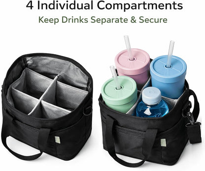 Family Size 4 Compartment Drink Carrier Bag for Cups & Bottles, No-Spill Beverage Holder with Removable Dividers & Shoulder Strap, Portable Water Bottle Tote for Travel, Work, Outdoor (Black)