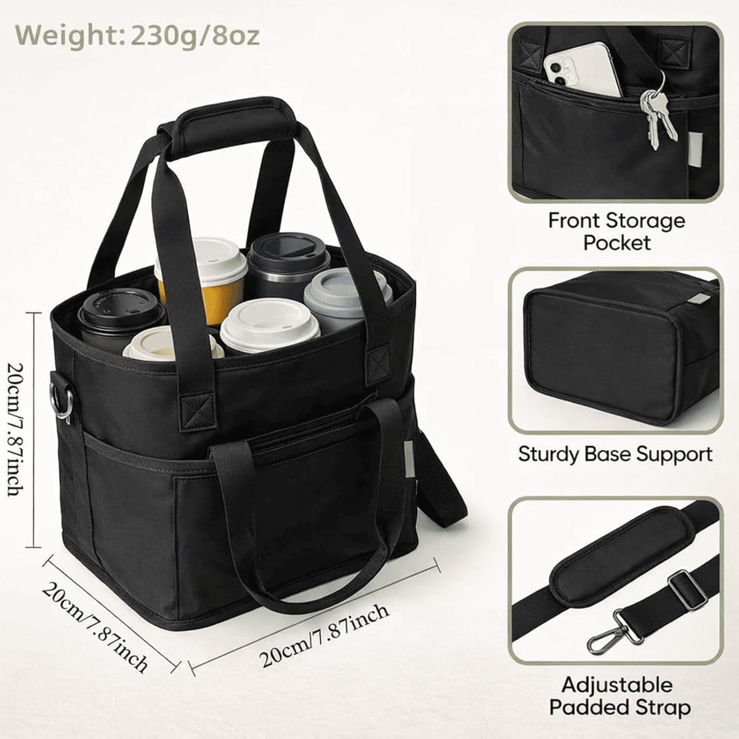 Family Size 4 Compartment Drink Carrier Bag for Cups & Bottles, No-Spill Beverage Holder with Removable Dividers & Shoulder Strap, Portable Water Bottle Tote for Travel, Work, Outdoor (Black)