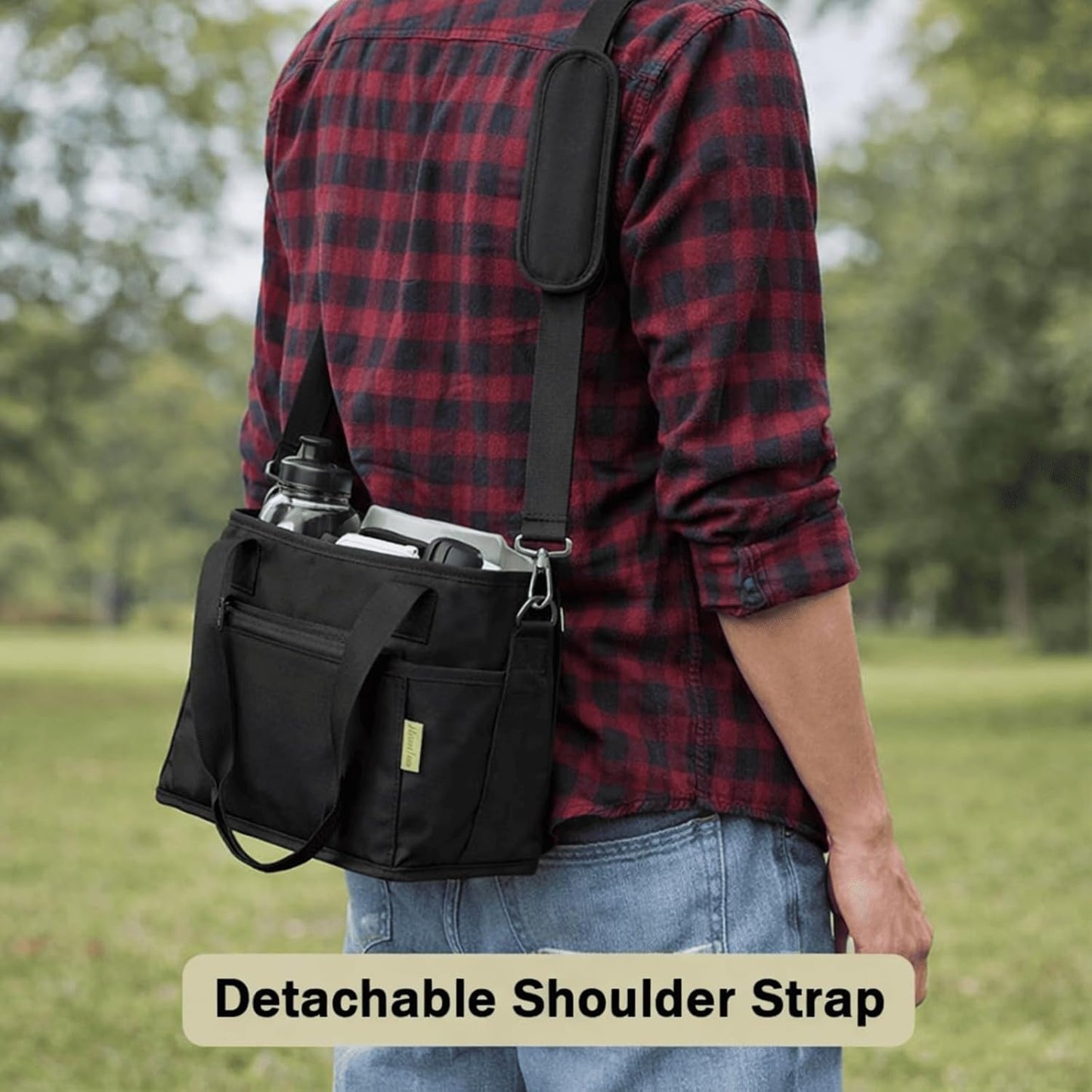 Family Size 4 Compartment Drink Carrier Bag for Cups & Bottles, No-Spill Beverage Holder with Removable Dividers & Shoulder Strap, Portable Water Bottle Tote for Travel, Work, Outdoor (Black)