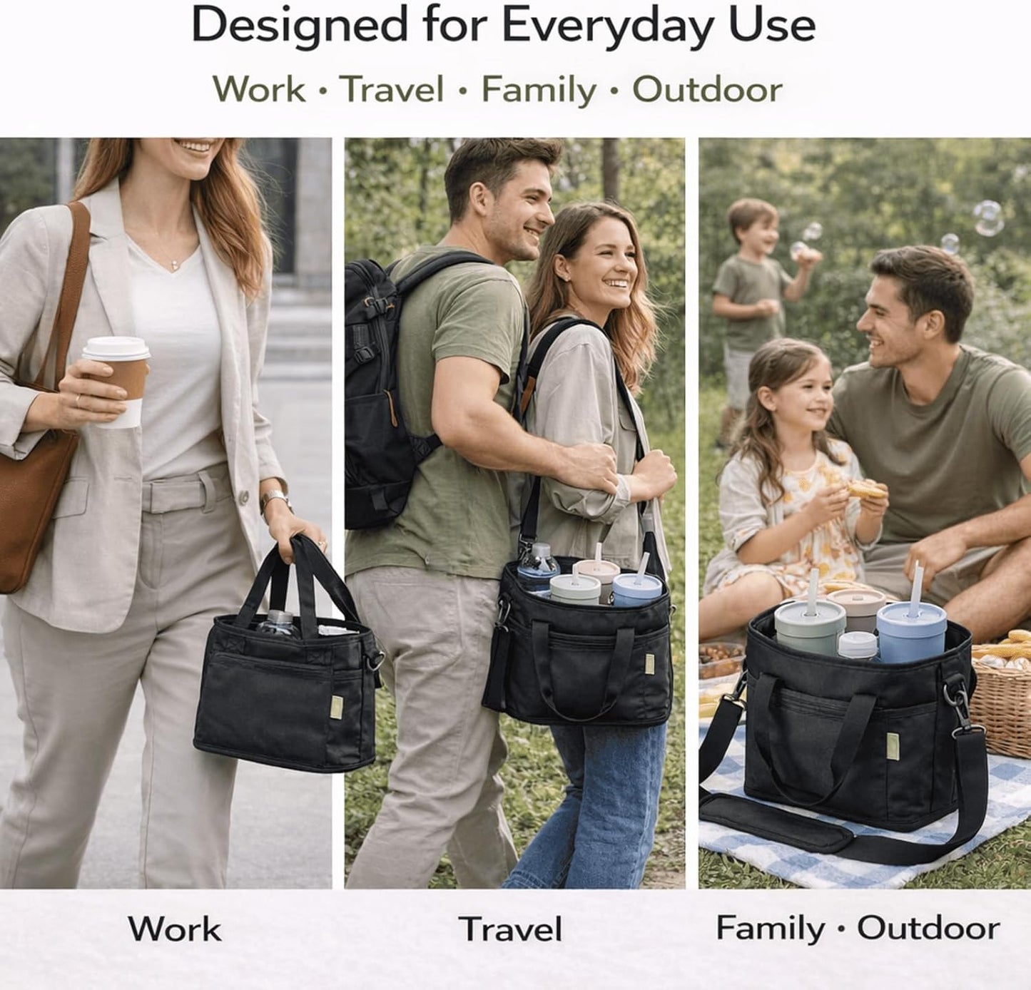 Family Size 4 Compartment Drink Carrier Bag for Cups & Bottles, No-Spill Beverage Holder with Removable Dividers & Shoulder Strap, Portable Water Bottle Tote for Travel, Work, Outdoor (Black)