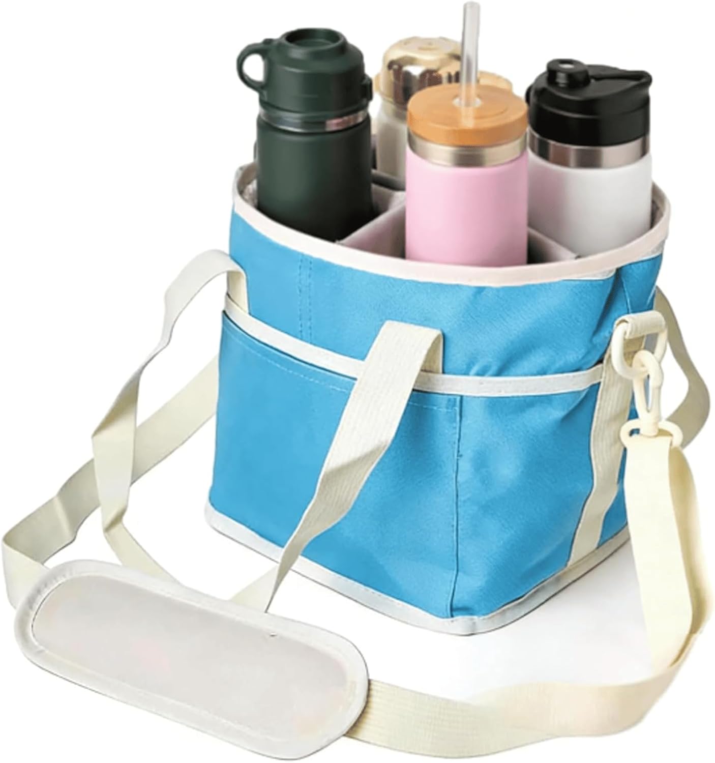 Family Size 4 Compartment Drink Carrier Bag for Cups & Bottles, No-Spill Beverage Holder with Removable Dividers & Shoulder Strap, Portable Water Bottle Tote for Travel, Work, Outdoor (Black)