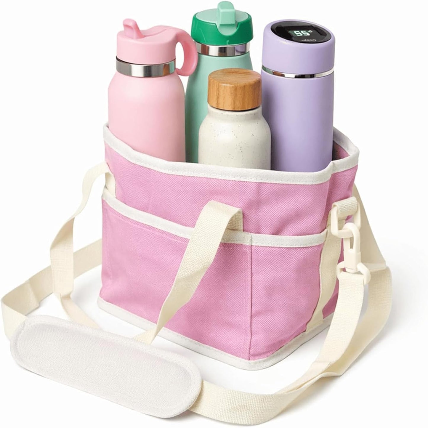 Family Size 4 Compartment Drink Carrier Bag for Cups & Bottles, No-Spill Beverage Holder with Removable Dividers & Shoulder Strap, Portable Water Bottle Tote for Travel, Work, Outdoor (Black)