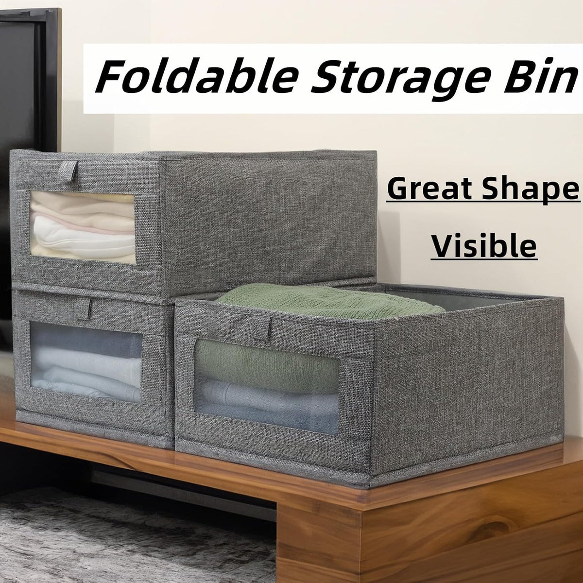 4 Pack Linen Storage Bins, Storage Containers for Organizing Clothing, Jeans, Toys, Books, Shelves, Closet, Wardrobe - Closet Organizers and Storage, Large Storage Boxes Baskets with Window