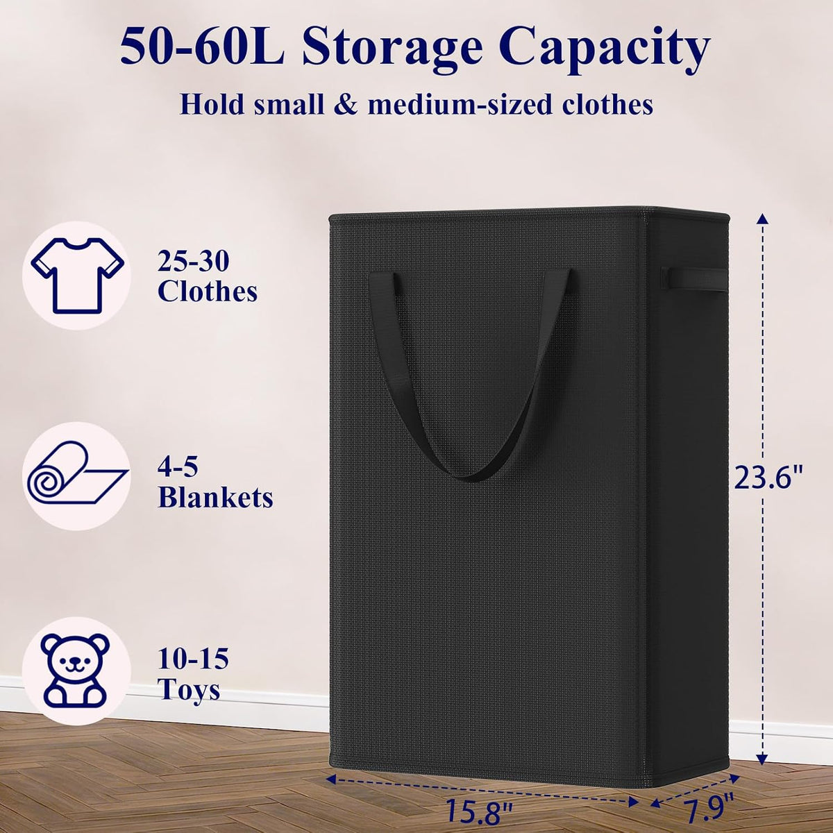50L Slim Laundry Hamper, Baby Hamper for Nursery with Handles, Narrow Laundry Basket for Dorm, Bedroom, Living Room, Collapsible Laundry Basket, White
