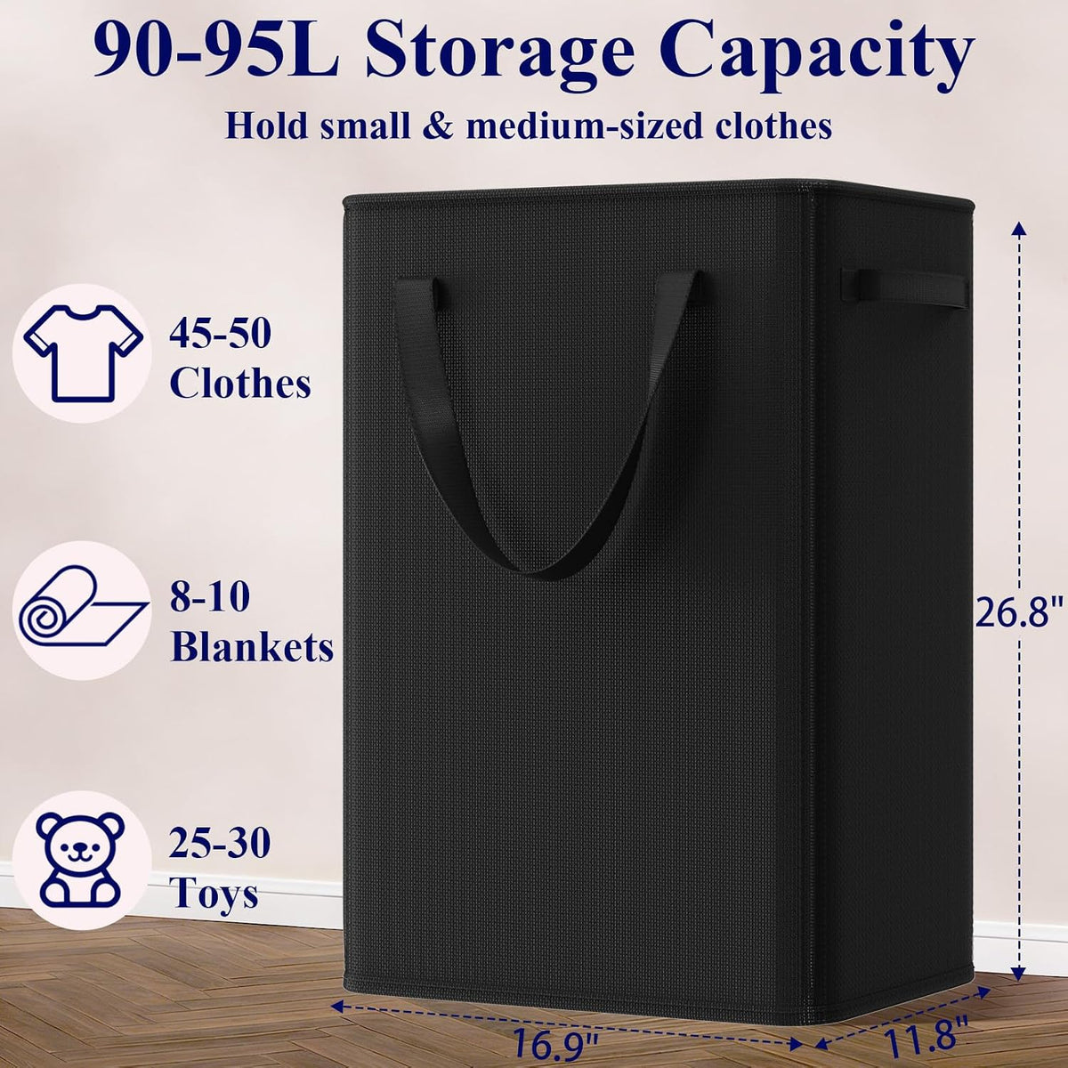50L Slim Laundry Hamper, Baby Hamper for Nursery with Handles, Narrow Laundry Basket for Dorm, Bedroom, Living Room, Collapsible Laundry Basket, White