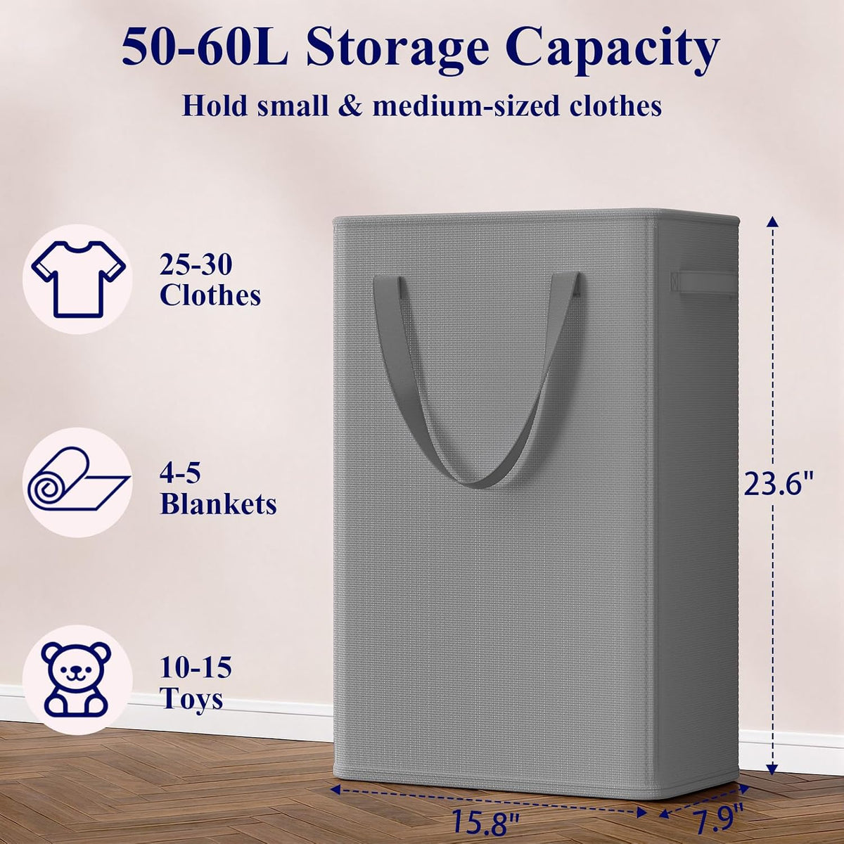 50L Slim Laundry Hamper, Baby Hamper for Nursery with Handles, Narrow Laundry Basket for Dorm, Bedroom, Living Room, Collapsible Laundry Basket, White