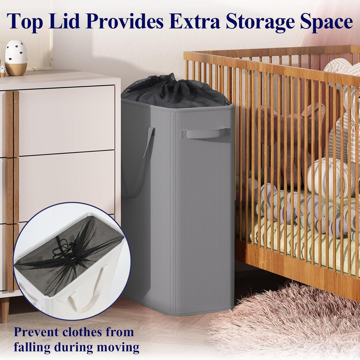 50L Slim Laundry Hamper, Baby Hamper for Nursery with Handles, Narrow Laundry Basket for Dorm, Bedroom, Living Room, Collapsible Laundry Basket, White