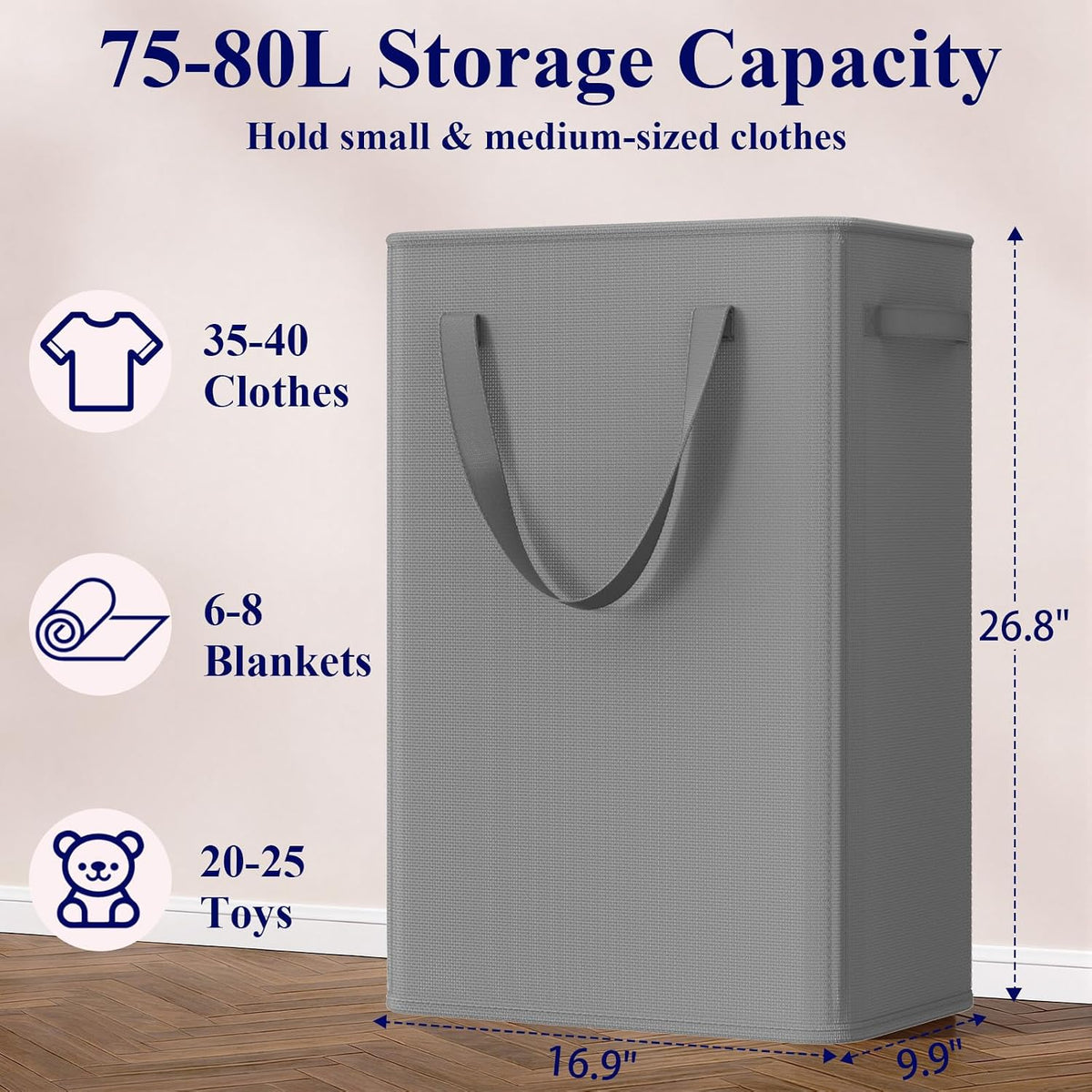 50L Slim Laundry Hamper, Baby Hamper for Nursery with Handles, Narrow Laundry Basket for Dorm, Bedroom, Living Room, Collapsible Laundry Basket, White