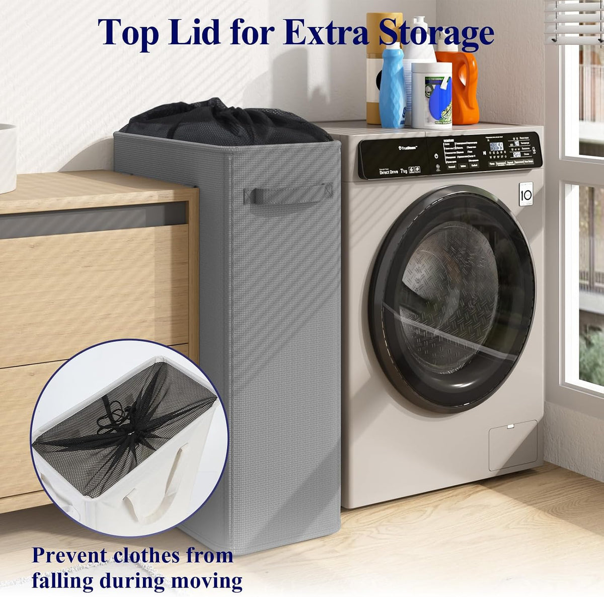 50L Slim Laundry Hamper, Baby Hamper for Nursery with Handles, Narrow Laundry Basket for Dorm, Bedroom, Living Room, Collapsible Laundry Basket, White