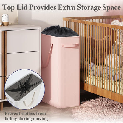 50L Slim Laundry Hamper, Baby Hamper for Nursery with Handles, Narrow Laundry Basket for Dorm, Bedroom, Living Room, Collapsible Laundry Basket, White