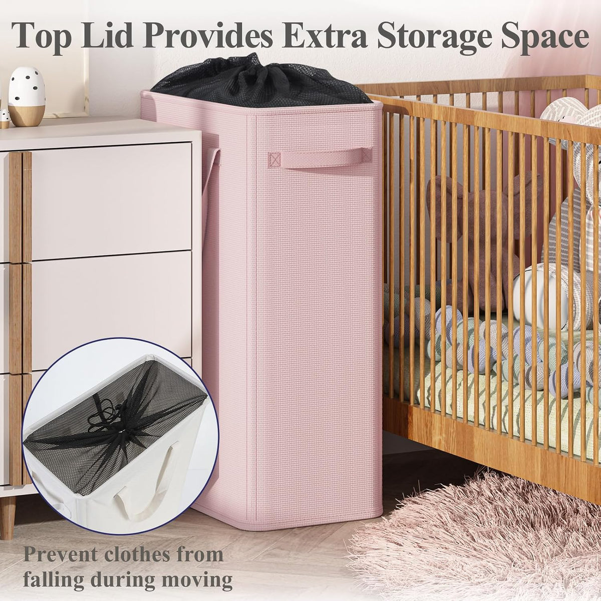 50L Slim Laundry Hamper, Baby Hamper for Nursery with Handles, Narrow Laundry Basket for Dorm, Bedroom, Living Room, Collapsible Laundry Basket, White