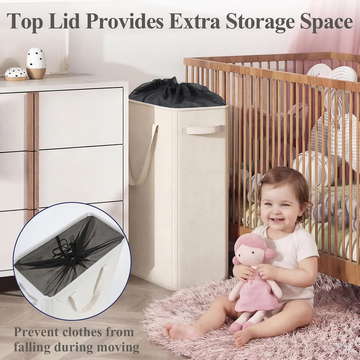 50L Slim Laundry Hamper, Baby Hamper for Nursery with Handles, Narrow Laundry Basket for Dorm, Bedroom, Living Room, Collapsible Laundry Basket, White