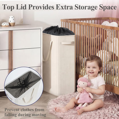 50L Slim Laundry Hamper, Baby Hamper for Nursery with Handles, Narrow Laundry Basket for Dorm, Bedroom, Living Room, Collapsible Laundry Basket, White