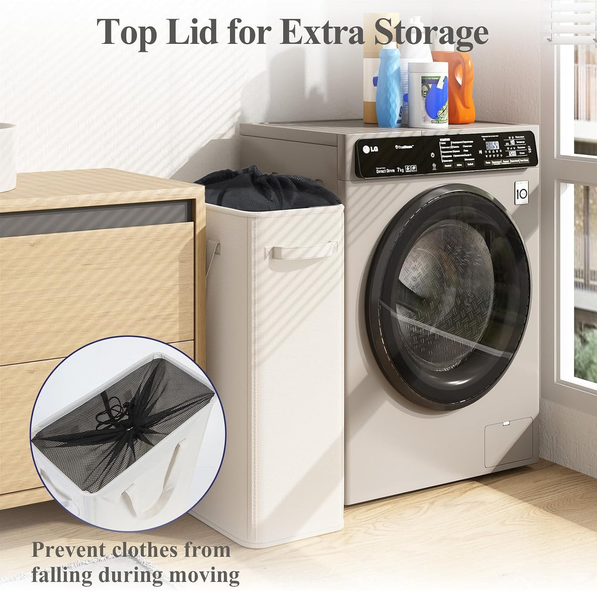 50L Slim Laundry Hamper, Baby Hamper for Nursery with Handles, Narrow Laundry Basket for Dorm, Bedroom, Living Room, Collapsible Laundry Basket, White
