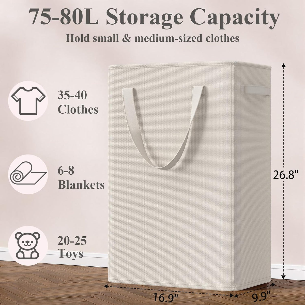 50L Slim Laundry Hamper, Baby Hamper for Nursery with Handles, Narrow Laundry Basket for Dorm, Bedroom, Living Room, Collapsible Laundry Basket, White