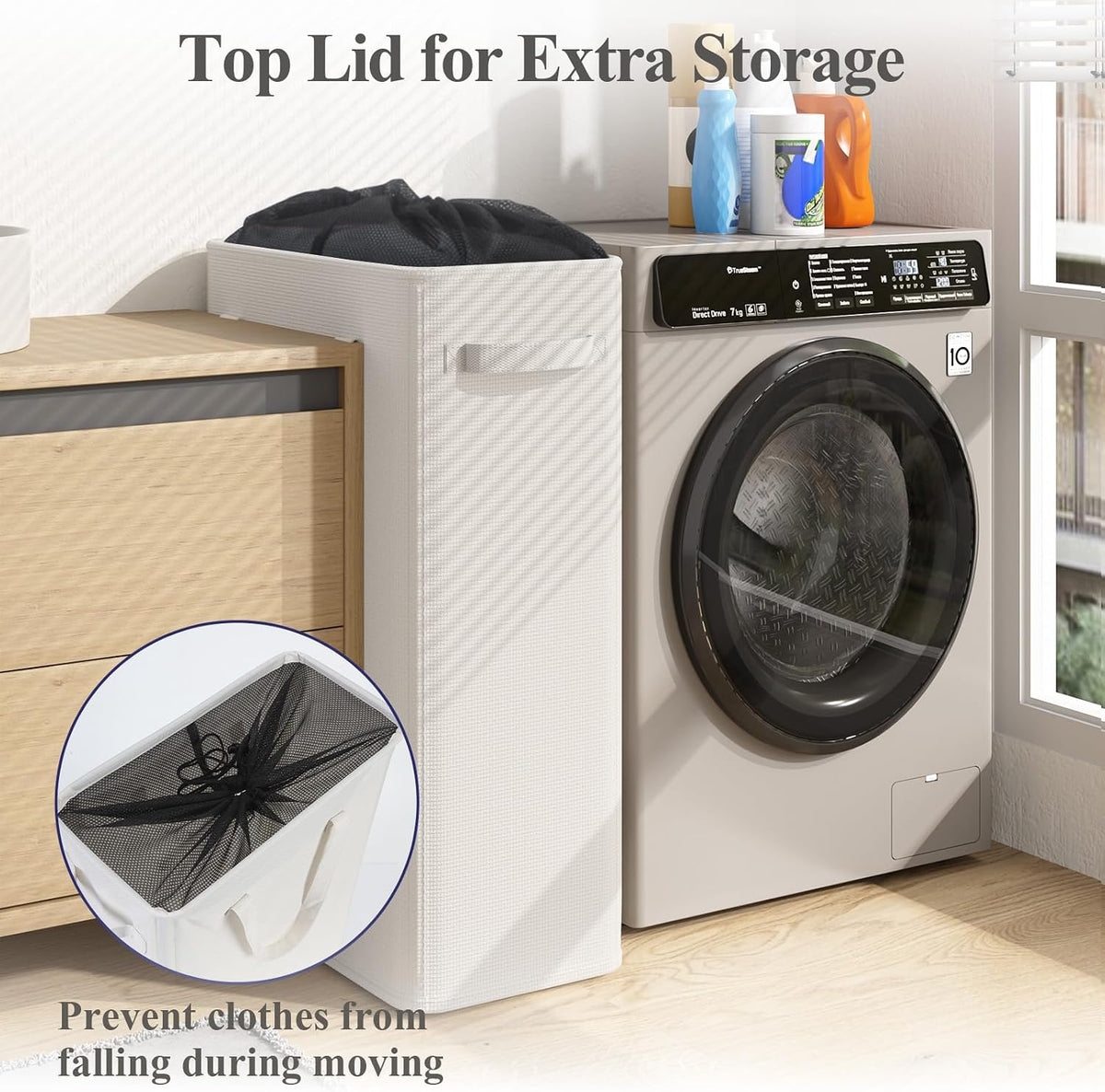 50L Slim Laundry Hamper, Baby Hamper for Nursery with Handles, Narrow Laundry Basket for Dorm, Bedroom, Living Room, Collapsible Laundry Basket, White