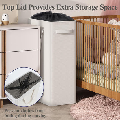 50L Slim Laundry Hamper, Baby Hamper for Nursery with Handles, Narrow Laundry Basket for Dorm, Bedroom, Living Room, Collapsible Laundry Basket, White
