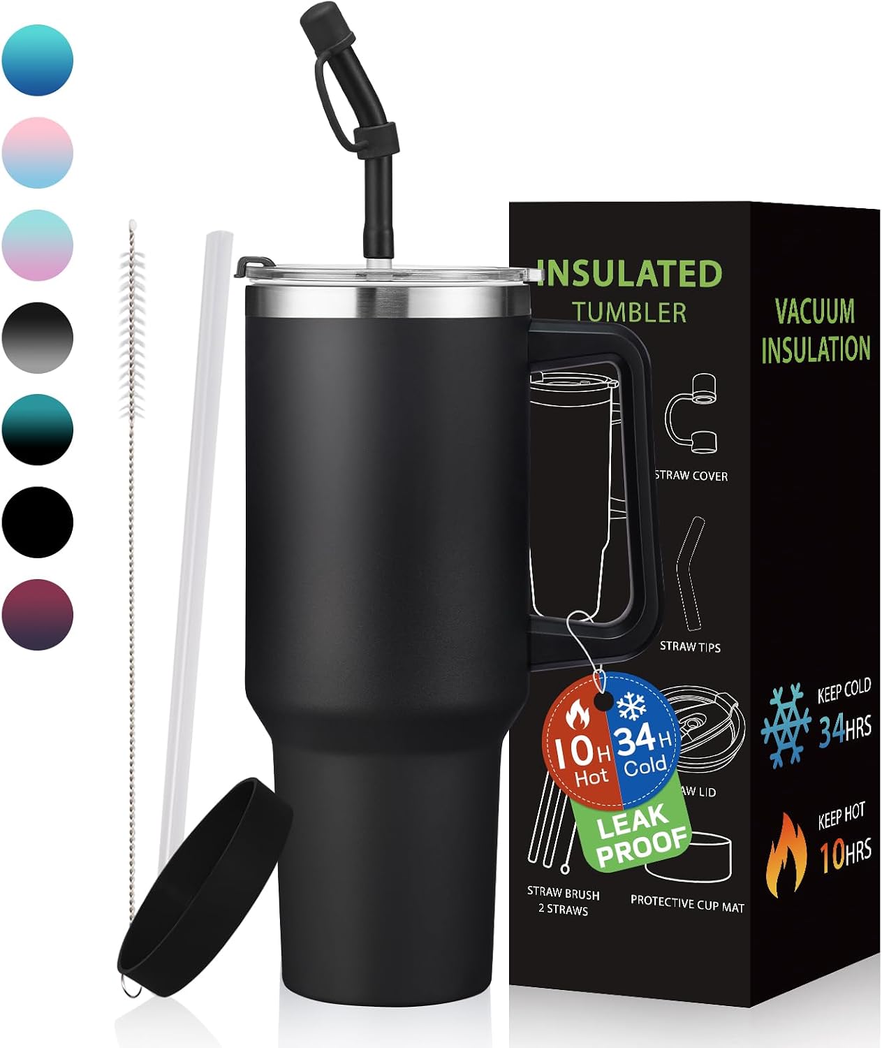 Tumbler with Lid and Straw 40oz Stainless Steel Tumblers with Protective Boot & Double Threaded Cap, Thermal Travel Coffee Mug Flask Keeps Cold-34 Hrs for Gym Office, Car Cupholder Friendly