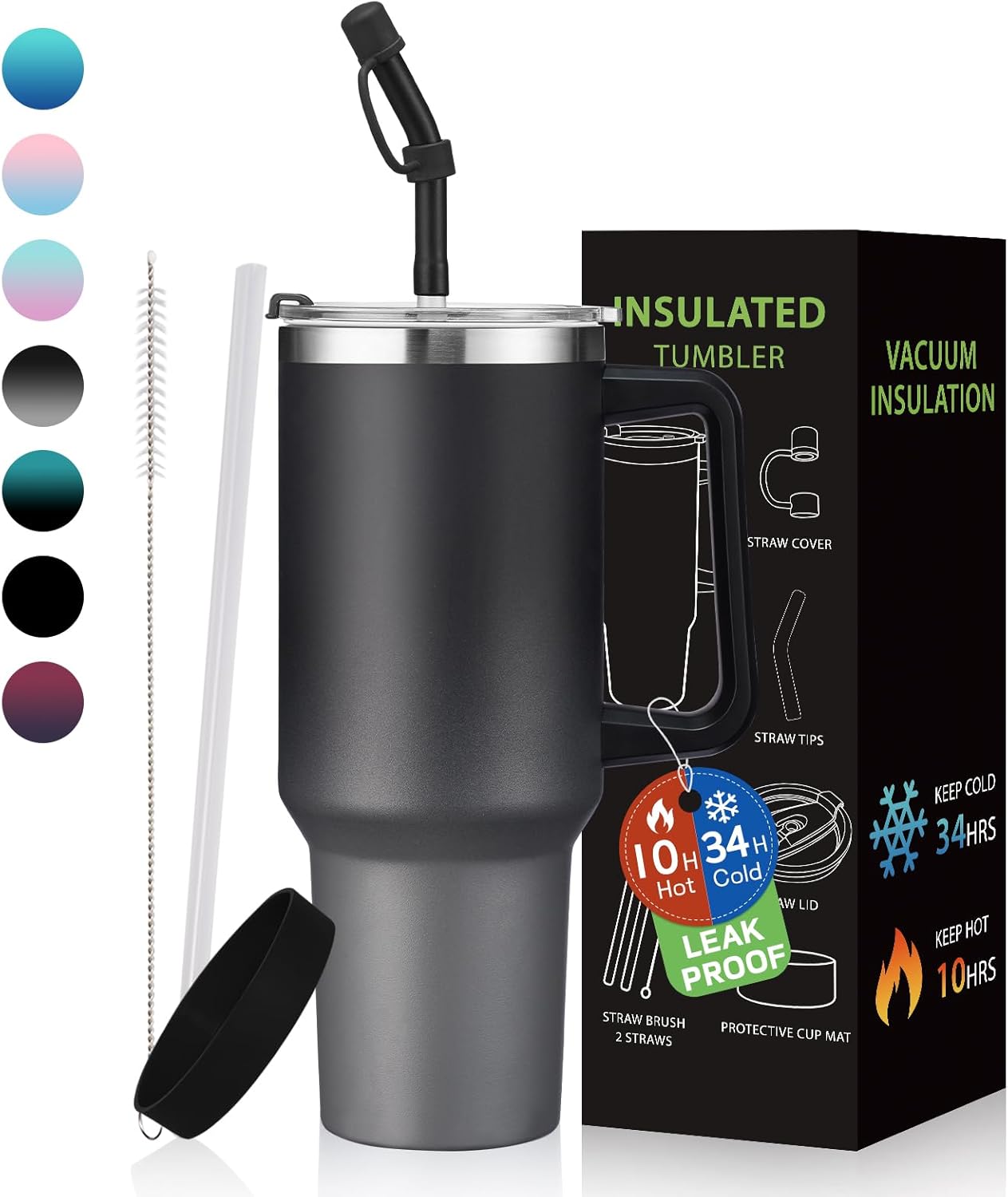Tumbler with Lid and Straw 40oz Stainless Steel Tumblers with Protective Boot & Double Threaded Cap, Thermal Travel Coffee Mug Flask Keeps Cold-34 Hrs for Gym Office, Car Cupholder Friendly